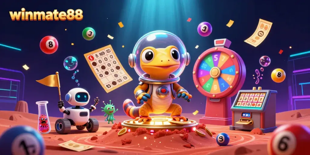 Winmate88 captures the excitement of casino gaming with vibrant 3D illustration featuring a Martian gecko and colorful lottery elements.