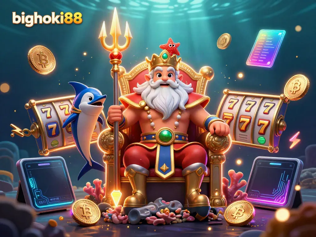 Rangkum pola slot gacor malam ini di bighoki88 dengan ilustrasi 3D raja laut.