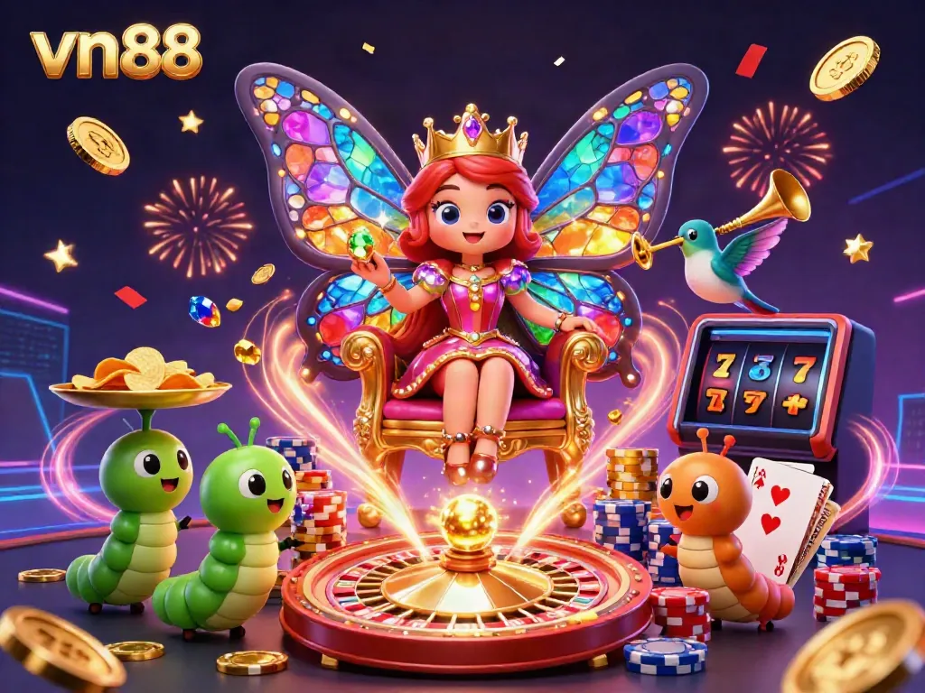 Experience the vibrant world of vn88 with a dazzling butterfly queen, dynamic casino game elements, and festive energy.