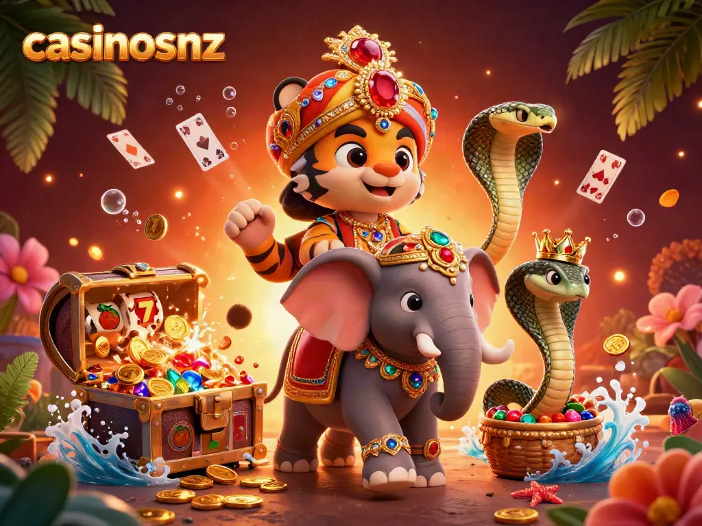Join the thrilling adventure at casinosnz with a dynamic 3D scene of gaming excitement, featuring vibrant casino elements.