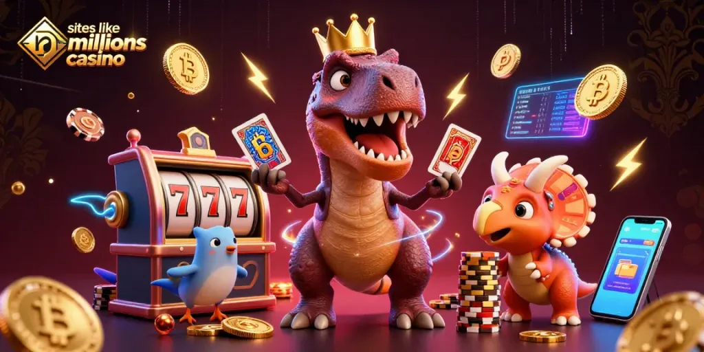 Play exciting games at sites like hello millions casino with a charming T-Rex and vibrant casino elements.