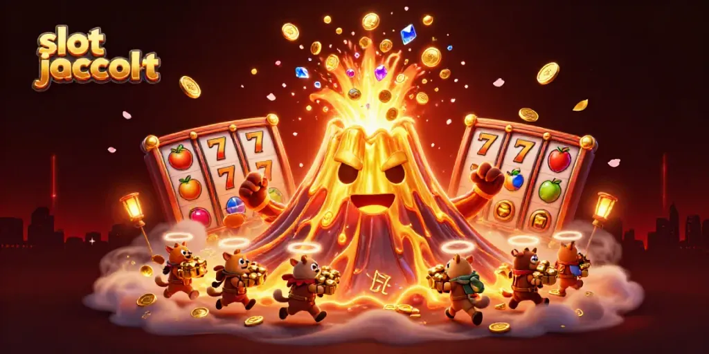 Spin the slot jackpot with a triumphant volcano, coins, and vibrant symbols in a dynamic casino scene.