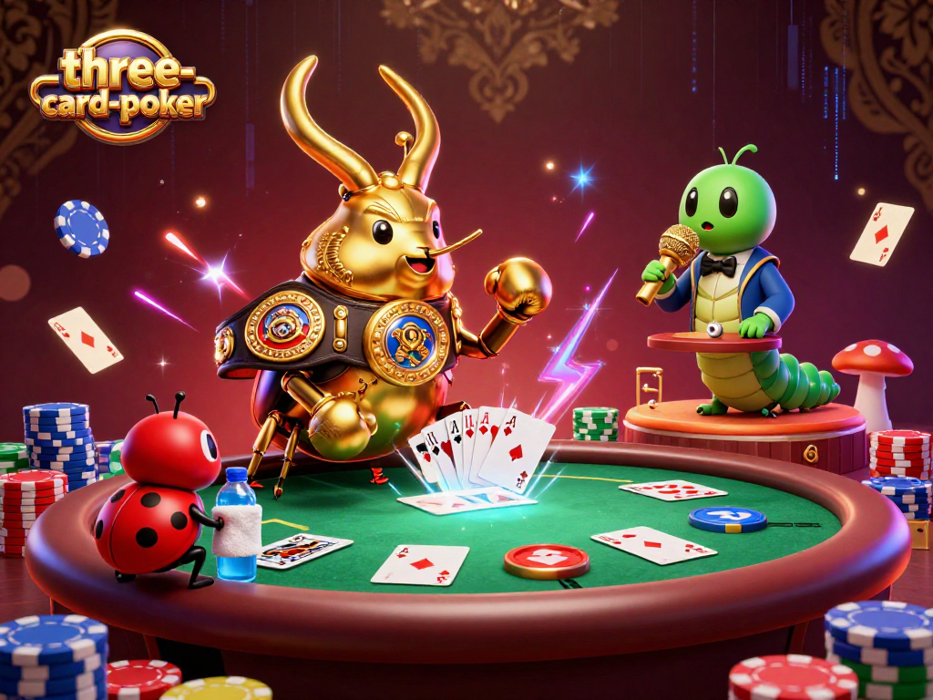 Engage with thrill in three-card-poker as a giant golden stag beetle champions the match.