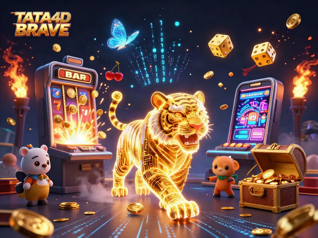 TATA4D BRAVE showcases a dazzling 3D casino scene with a golden tiger amidst jackpot excitement.