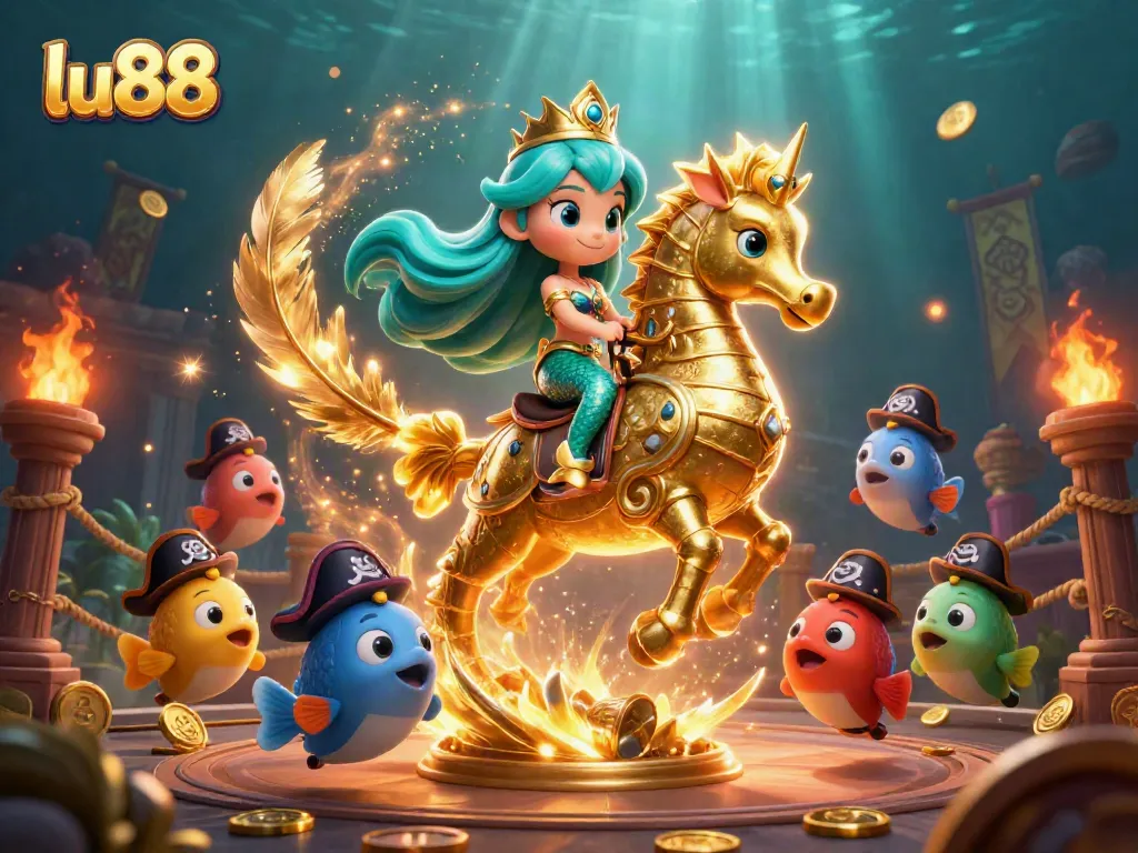 Experience excitement with Lu88's vibrant digital casino world, featuring a mermaid princess and seahorse in action.