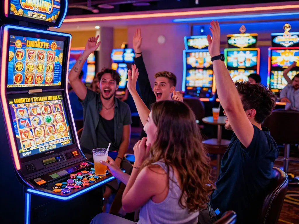 Friends enjoying the Lucky777 gaming experience, celebrating their wins in a vibrant casino atmosphere.