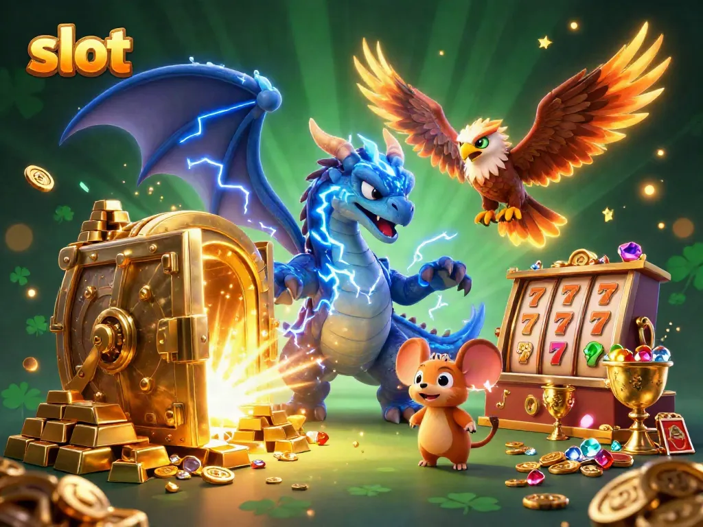 Experience thrilling slot action with a dragon, hawk, and mouse amidst golden treasures.