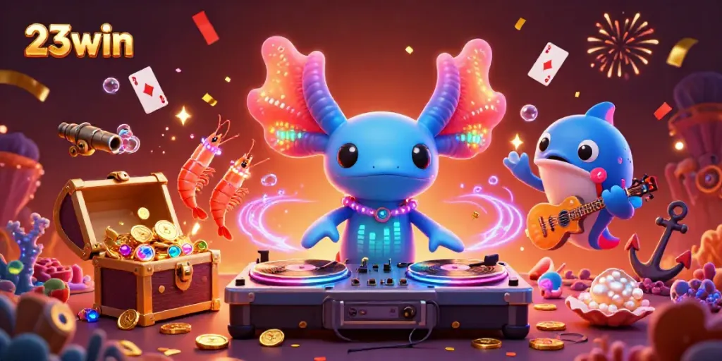 Experience the vibrant energy of 23win with a neon-colored axolotl DJ and dancing sea creatures in a dynamic casino scene.