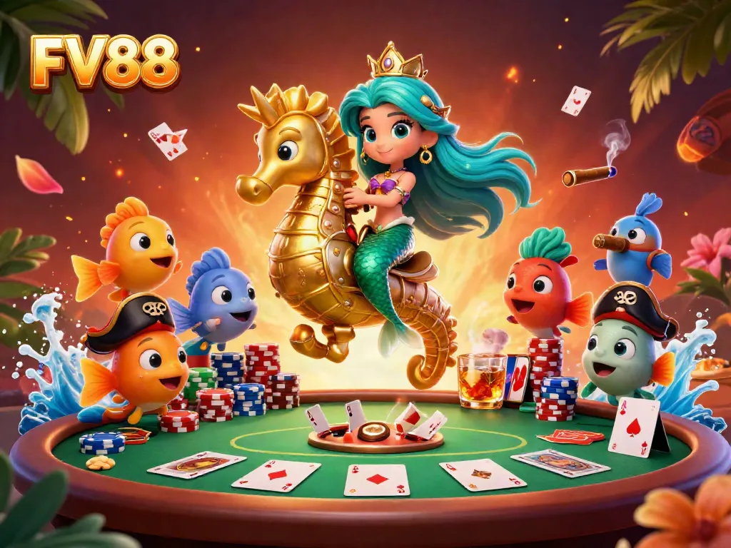 Immerse in the vibrant world of FV88 casino with a mermaid on a seahorse amidst a poker scene.