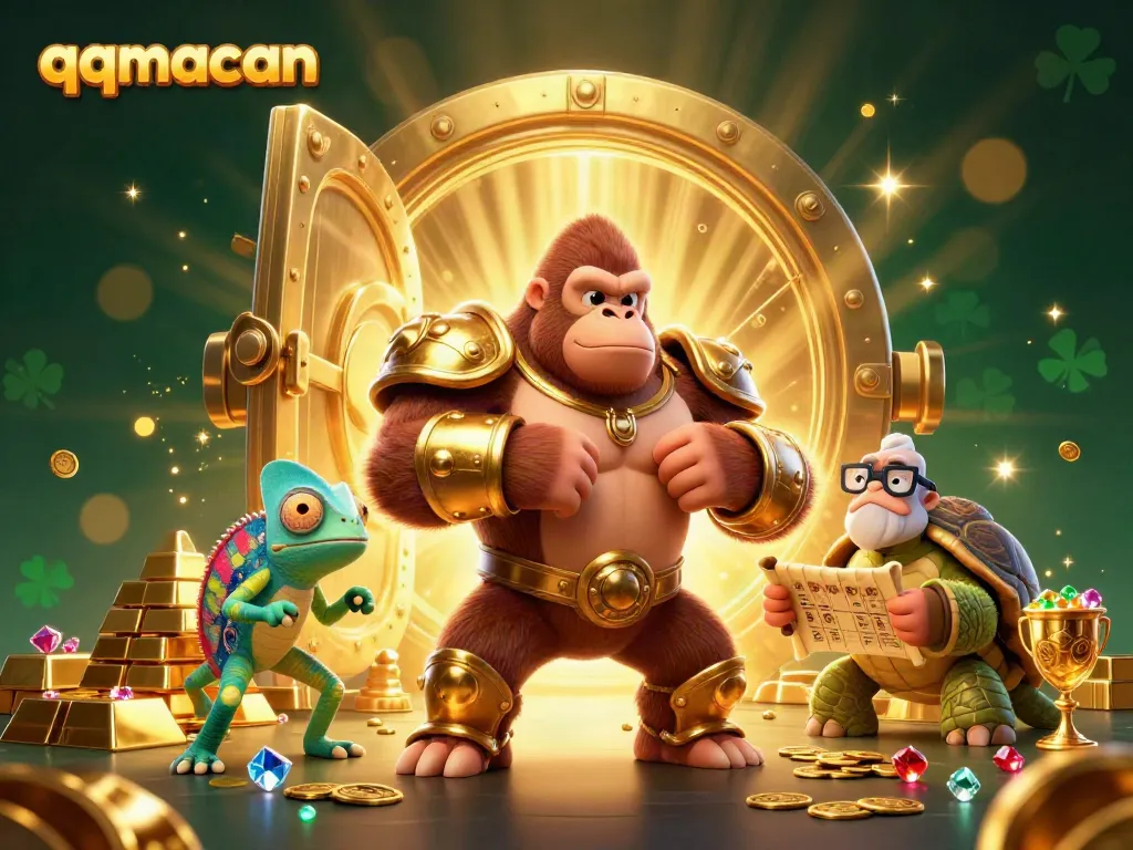 Experience thrilling gameplay with qqmacan's vibrant casino scene featuring characters and treasures.