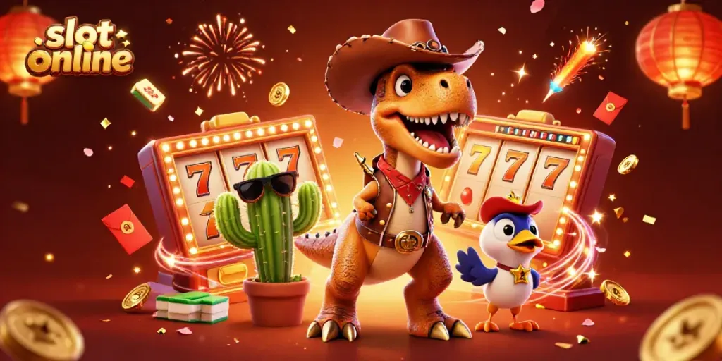 Menangkan slot online dengan dinosaur cowboy dan teman-teman unik dalam suasana kasino yang meriah.
