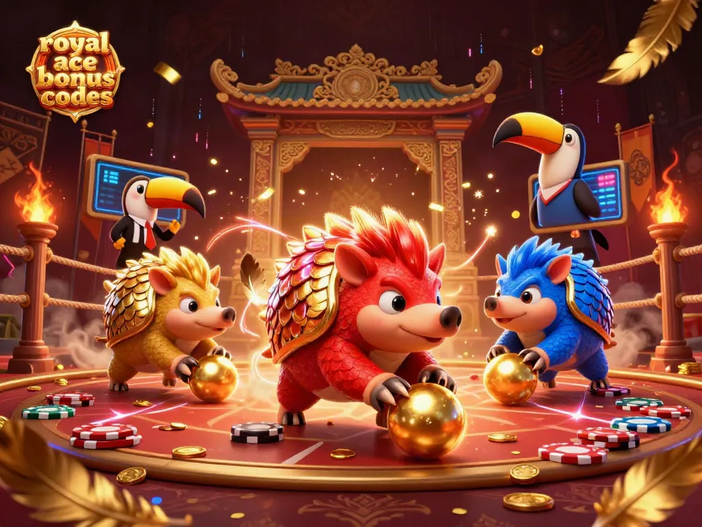 Bowling pangolins amidst gold coins showcasing royal ace bonus codes in an exciting casino scene.