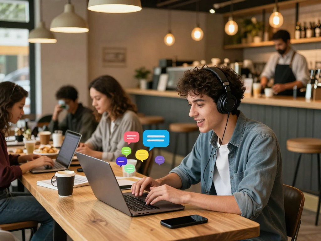 Spicy chat scene with lively digital conversations in a cozy café setting, vibrant interactions displayed on a laptop screen.