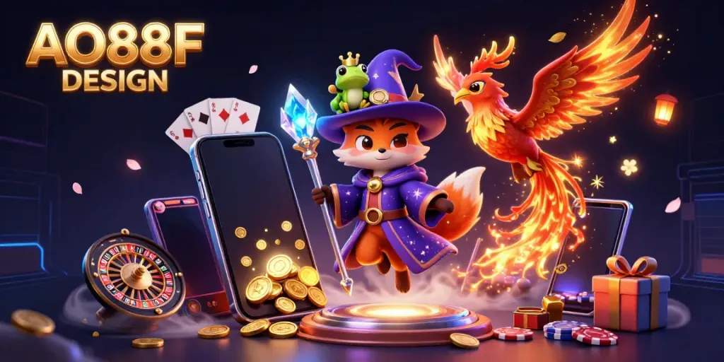 Experience thrilling wins at AO88F DESIGN with our magical 3D casino scene featuring a wizard and a phoenix.