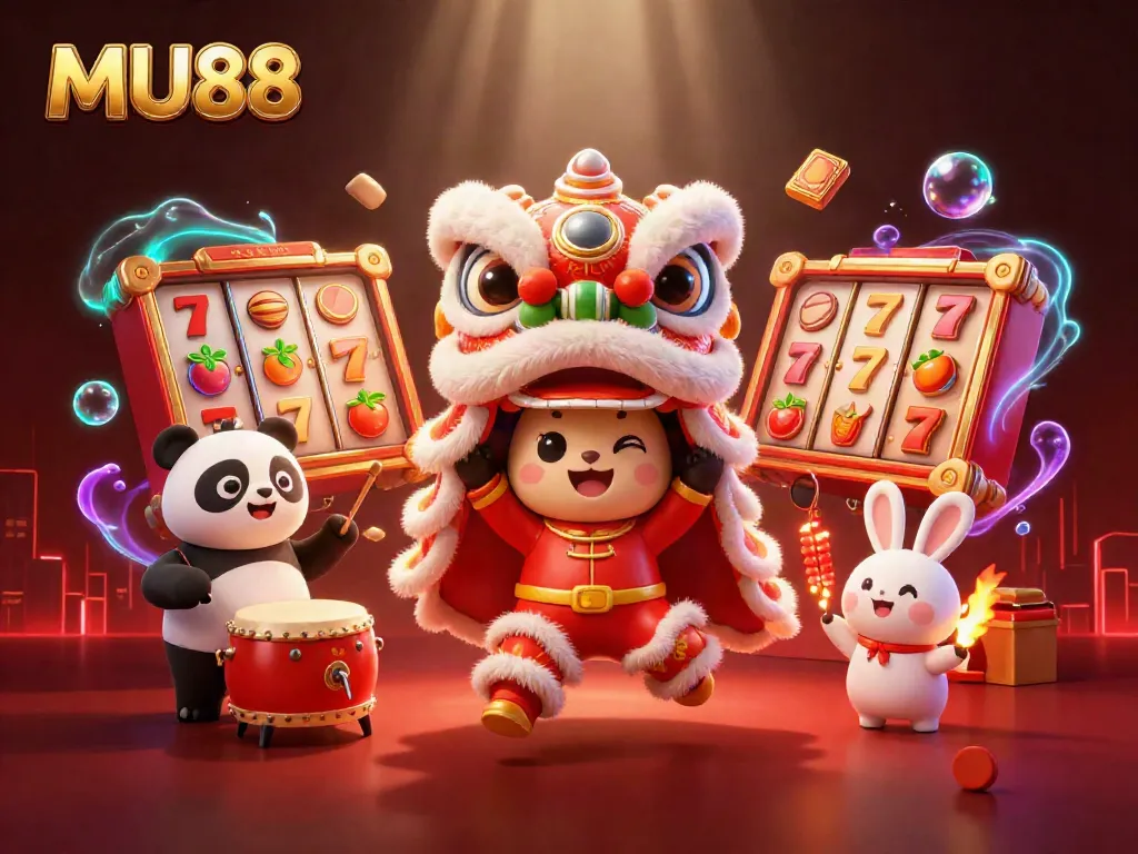 Experience MU88 with vibrant slot reels and festive characters in a rich casino-themed illustration.