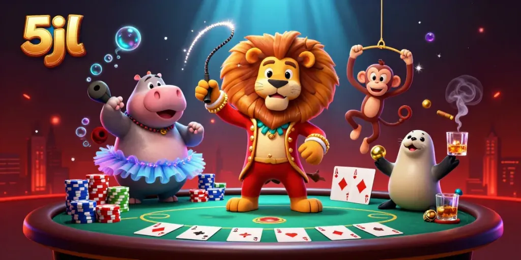 Betting action at 5jl with vibrant circus characters and poker dynamics in an exhilarating casino scene.
