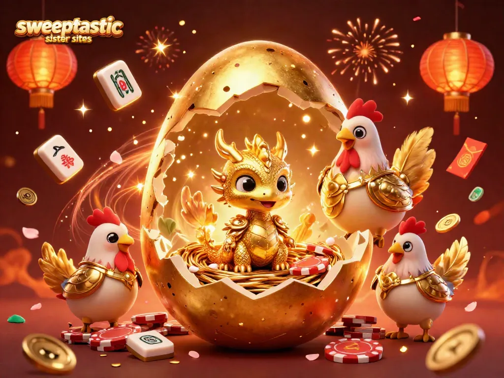 Sweeptastic sister sites showcase a golden dragon emerging from a poker chip nest amidst a festive atmosphere.
