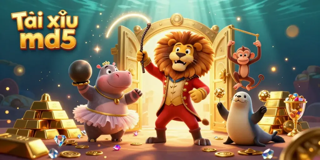Experience the excitement of Tài xỉu md5 with dynamic characters in a vibrant casino scene bursting with treasure.