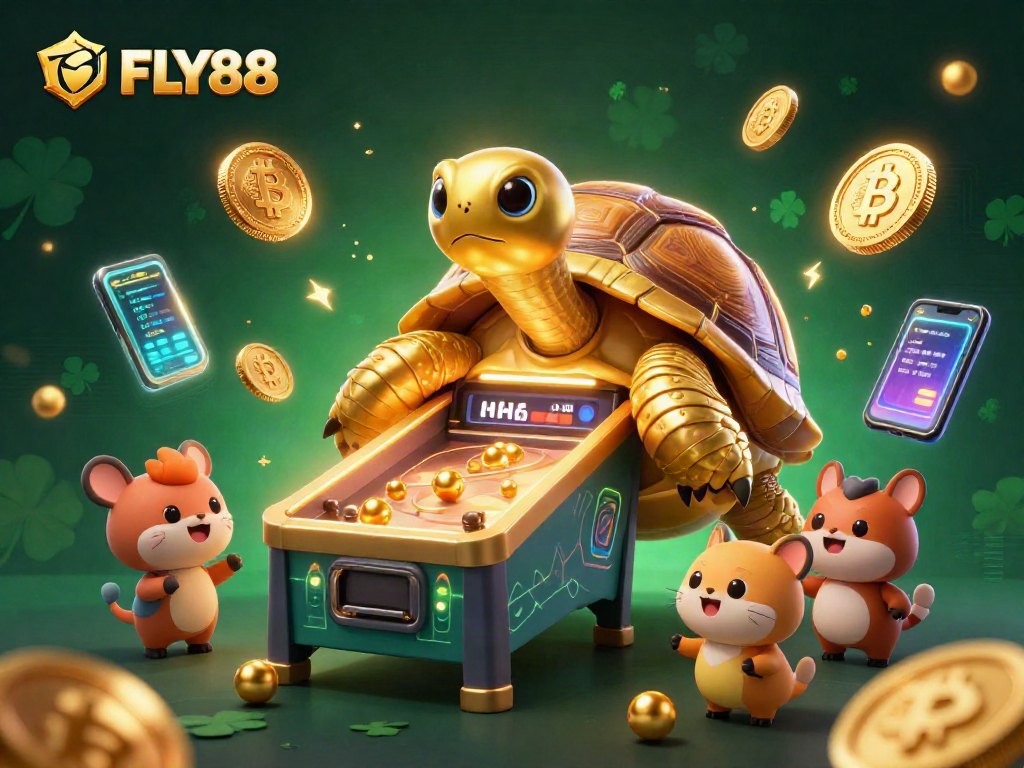 Engage with FLY88's dynamic casino experience featuring a colossal tortoise pinball machine and energetic characters.