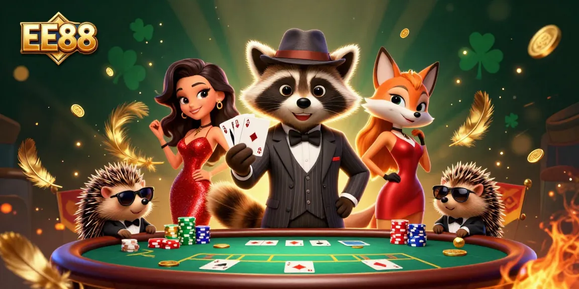 Join EE88's poker night with a suave raccoon, glamorous fox, and hedgehog bouncer amidst vibrant casino elements.