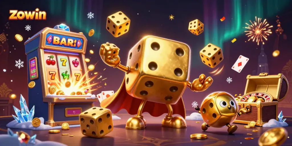 Experience the excitement of Zowin with a vibrant illustration showcasing thrilling games and golden dice.