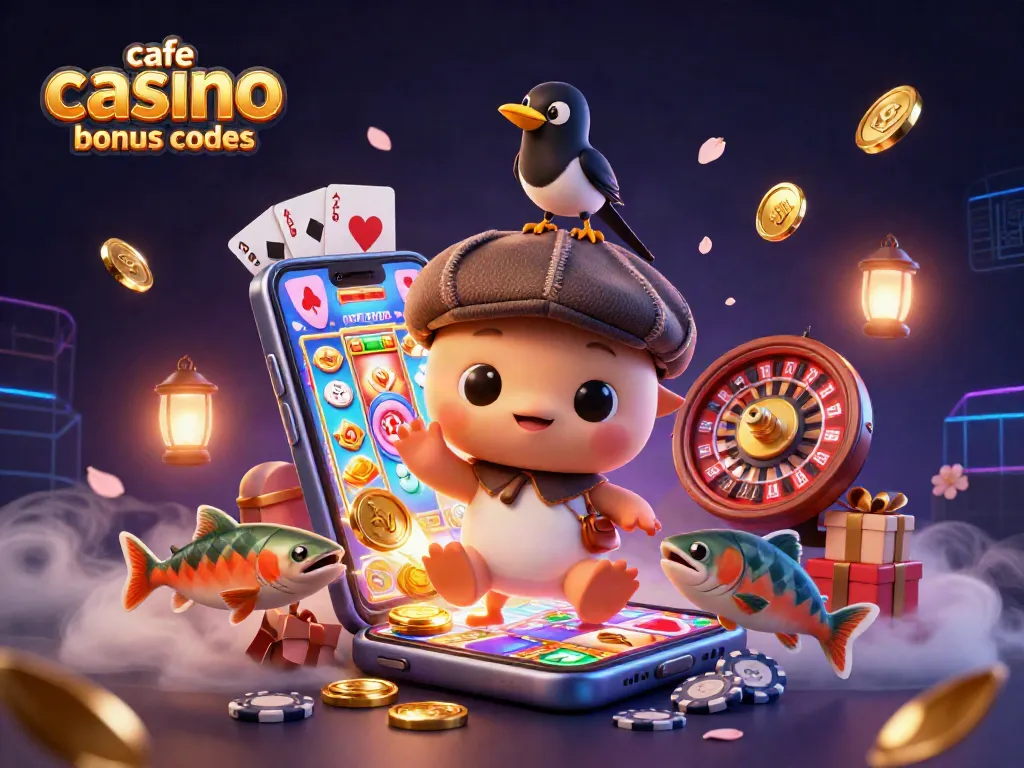 Spin and win with cafe casino bonus codes; action-packed 3D casino illustration.