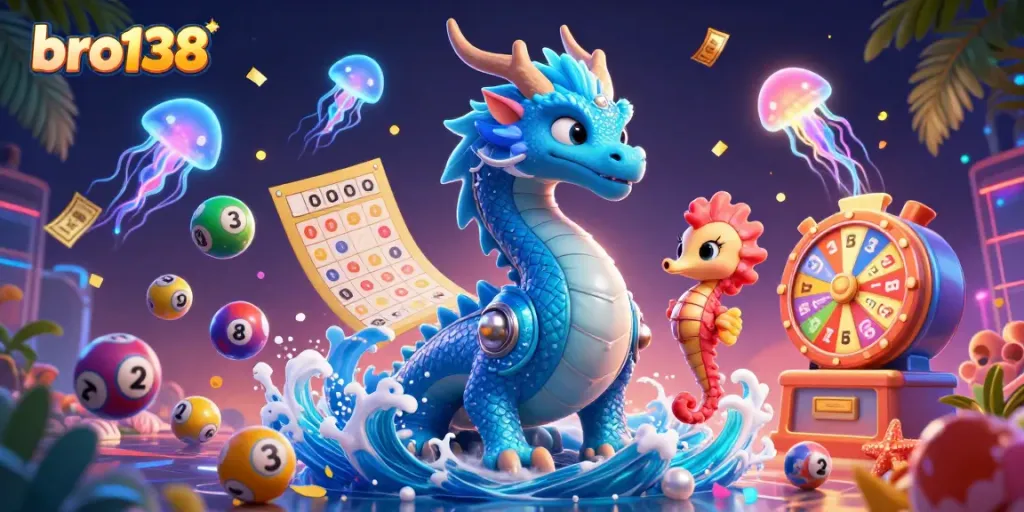 Experience thrilling gaming excitement with bro138, featuring an azure water dragon and neon jellyfish in a vibrant casino scene.