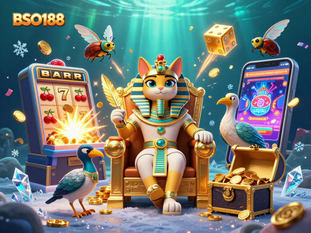 Engage with BSO188's thrilling casino world with a cartoon pharaoh and vibrant game elements.