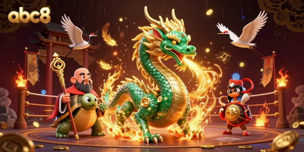 Experience the thrill of abc8 with a dragon and sage in an immersive casino scene.