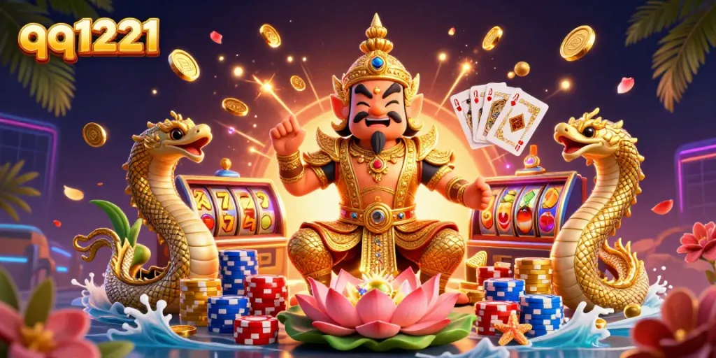 Experience exciting wins with qq1221 slots featuring a mythical guardian and dynamic game elements in a vibrant casino atmosphere.