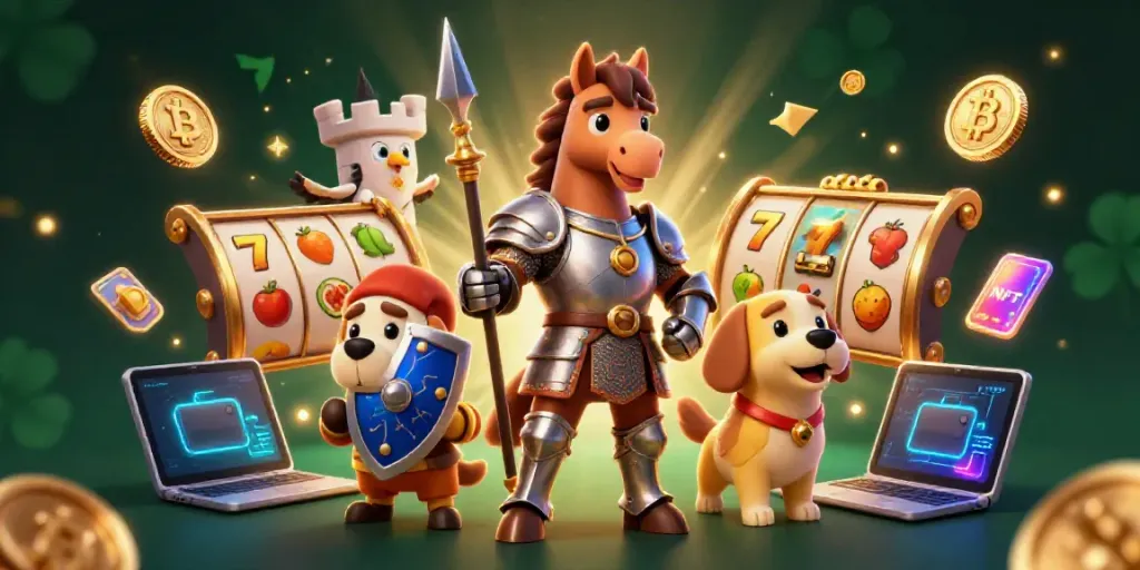 Menggali slot terbaru dengan karakter kuda kesatria, anjing squire, dan elang, dikelilingi koin Bitcoin dan Ethereum.