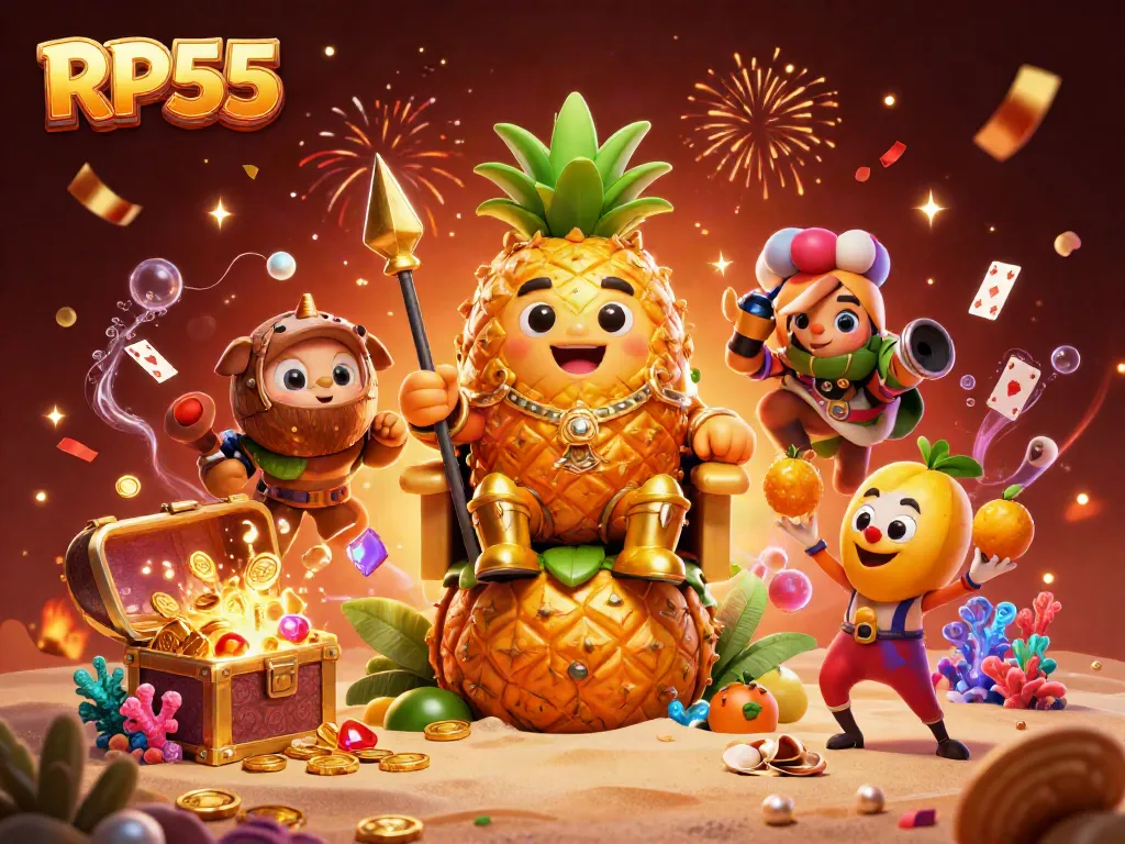Experience the excitement of RP55 with a vibrant 3D casino scene featuring a pineapple king and treasure.