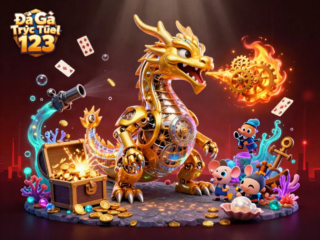Engage with Đá Gà Trực Tiếp 123, featuring a golden dragon, treasure, and vibrant casino elements.