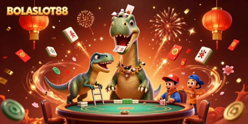 BOLASLOT88 showcases fun 3D casino elements with a cartoon dinosaur and raptor dealing cards.