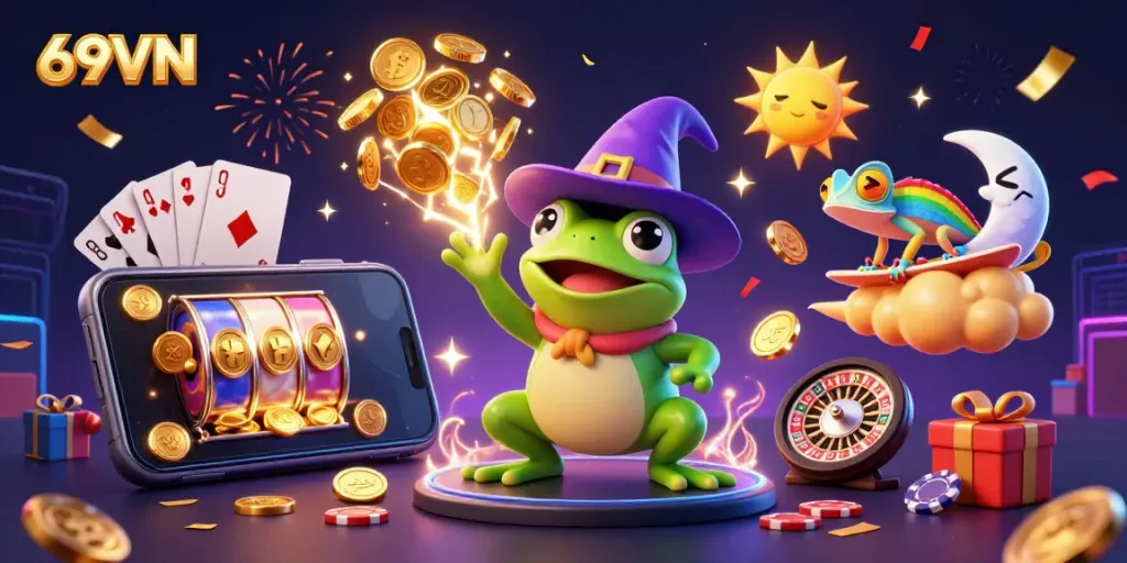 Experience the thrill of 69VN with vibrant gaming elements and dynamic characters in an exciting casino scene.