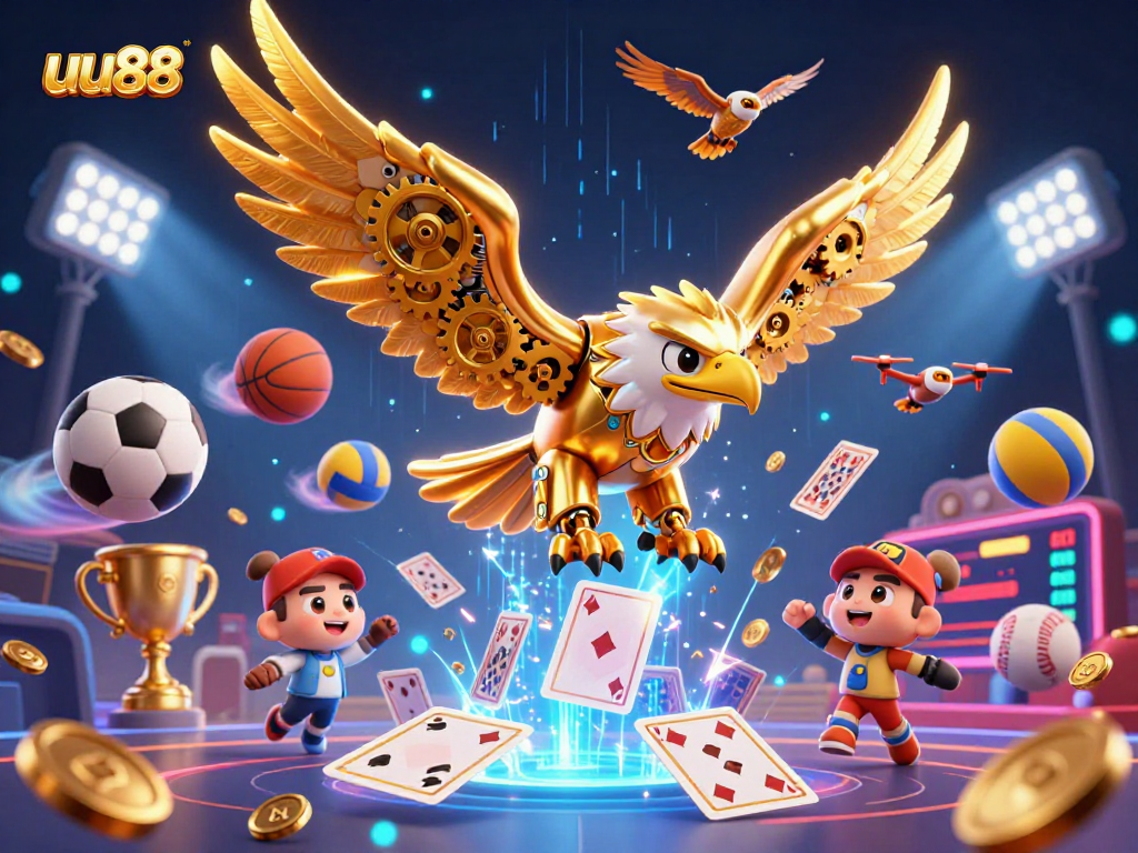 Experience thrilling wins at uu88 with dynamic 3D illustrations of a cybernetic eagle and vibrant casino elements.