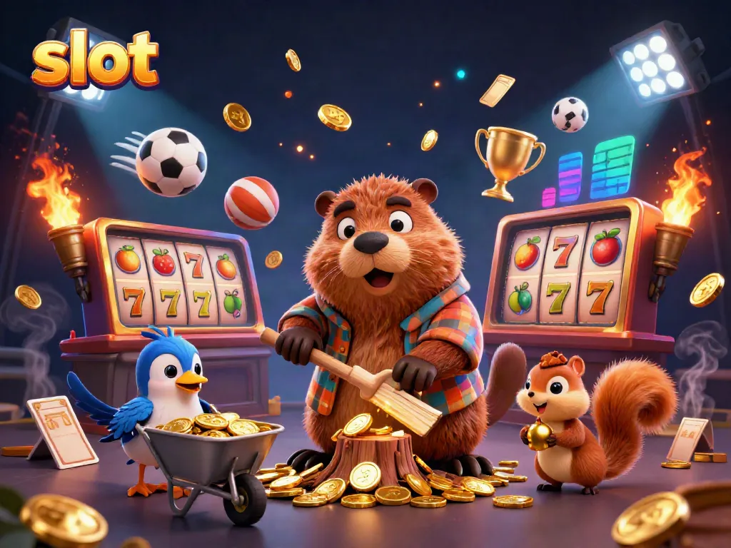 Slot-themed illustration of a beaver character collecting golden coins in a colorful casino scene