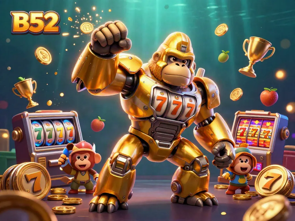 B52 mech celebrating with slot machine elements and gold coins in a vibrant casino scene.