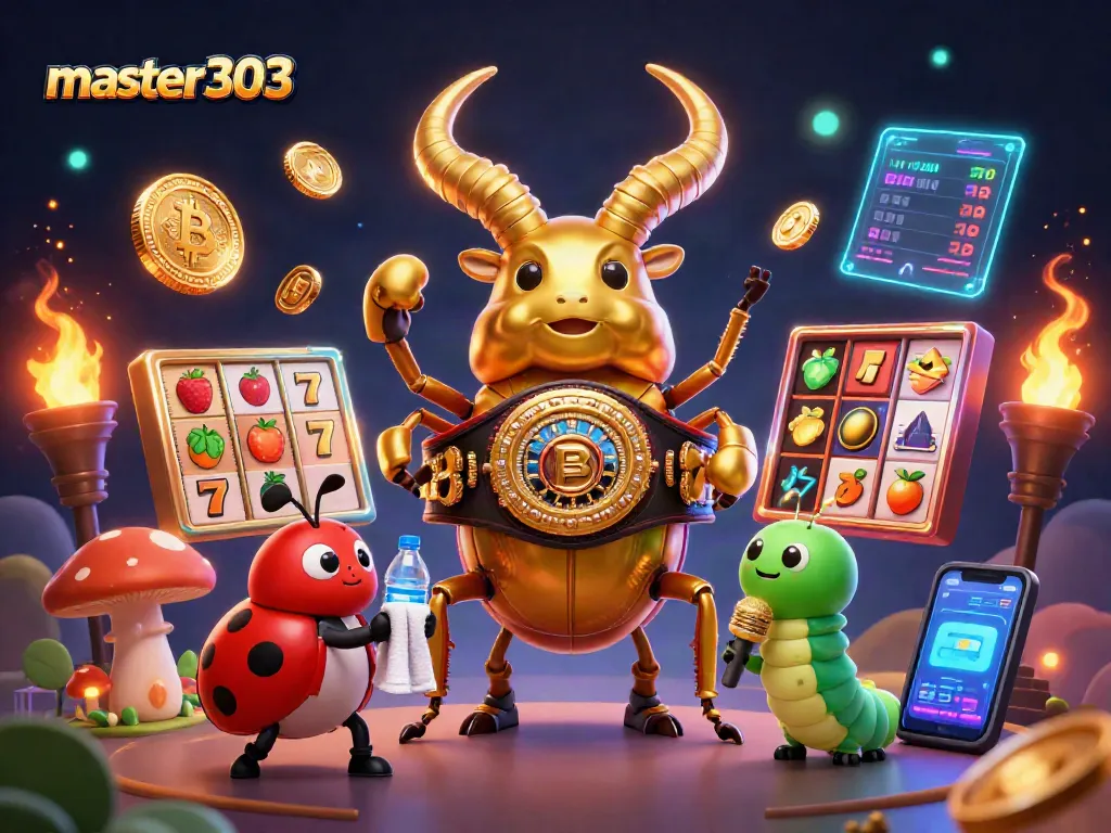 Master303 bermain dengan slot yang ceria dan penuh semangat dalam ilustrasi kasino online.