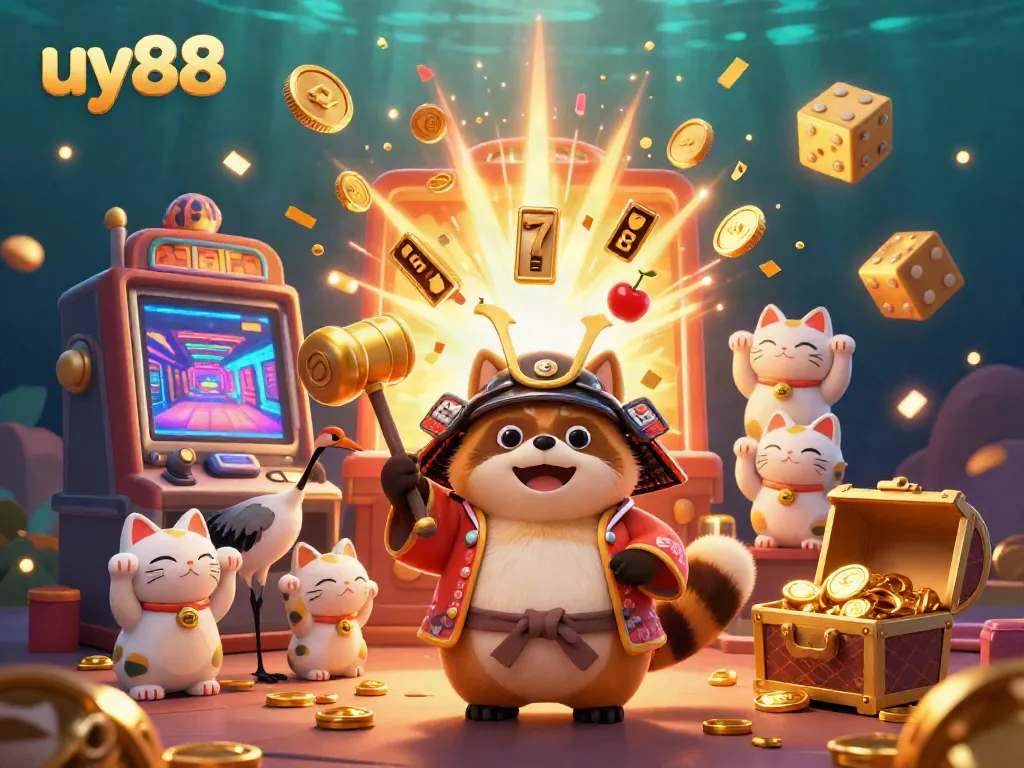 Engage with uy88's vibrant casino scene featuring a cheerful tanuki and golden treasure!