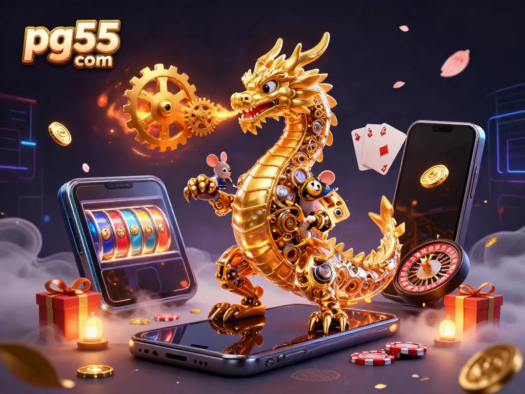 Engage with thrilling gameplay at pg55 com, featuring a magnificent golden dragon breathing gears amid exciting casino elements.