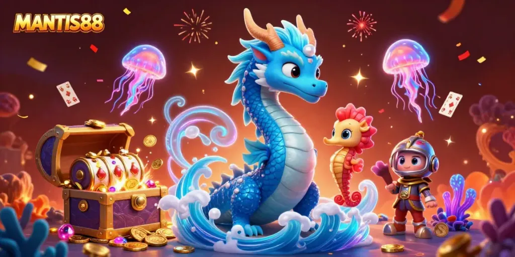 MANTIS88 showcases a vibrant underwater scene with a dragon, seahorse knight, and slot machines bursting with treasures.