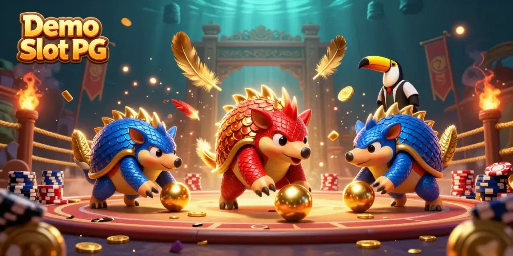Experience the excitement of Demo Slot PG with lively pangolins competing in a vibrant casino scene.