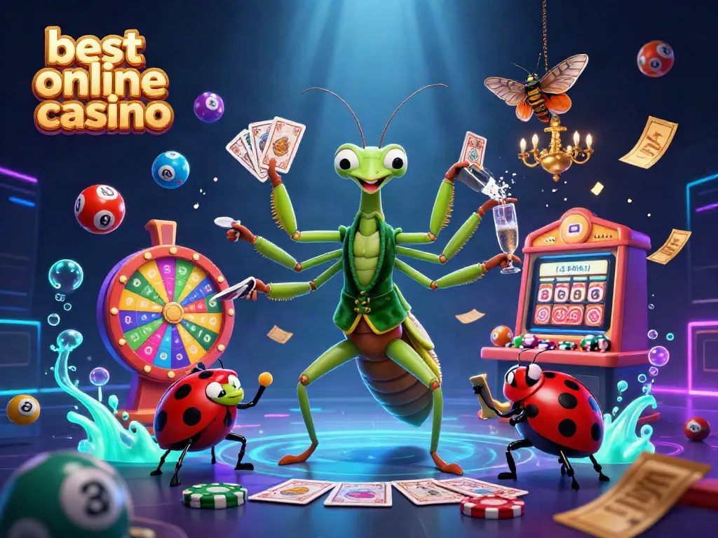Engage with the best online casino experience featuring a vibrant 3D scene with colorful gambling elements.