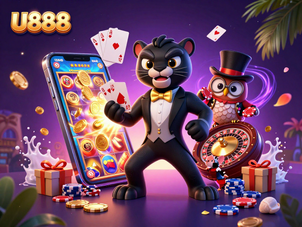 U888 players engaging in a vibrant casino scene, with stylish characters and dynamic gaming elements.