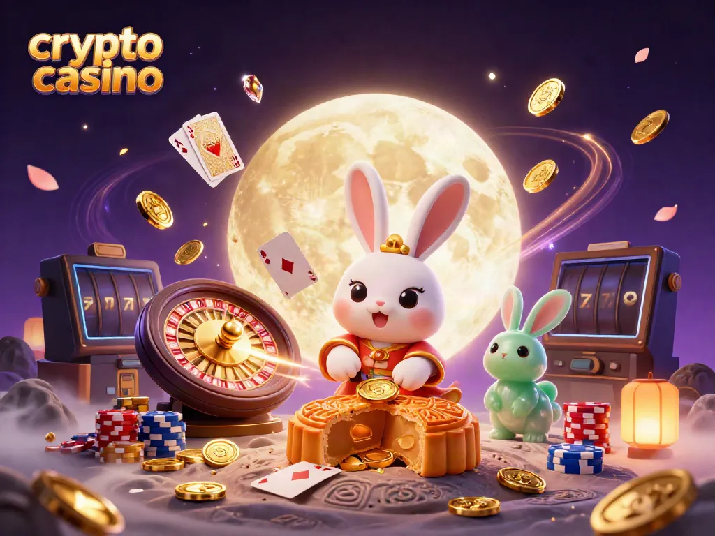 Experience entertainment at the crypto casino with moon rabbits and vibrant games swirling around.