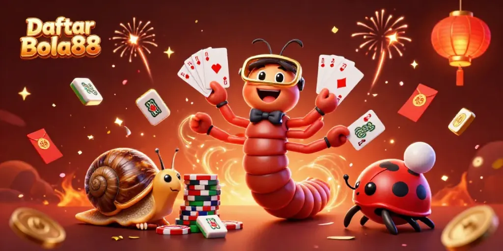 Engage in exciting games with Daftar Bola88 featuring a casino scene filled with cheerful characters.