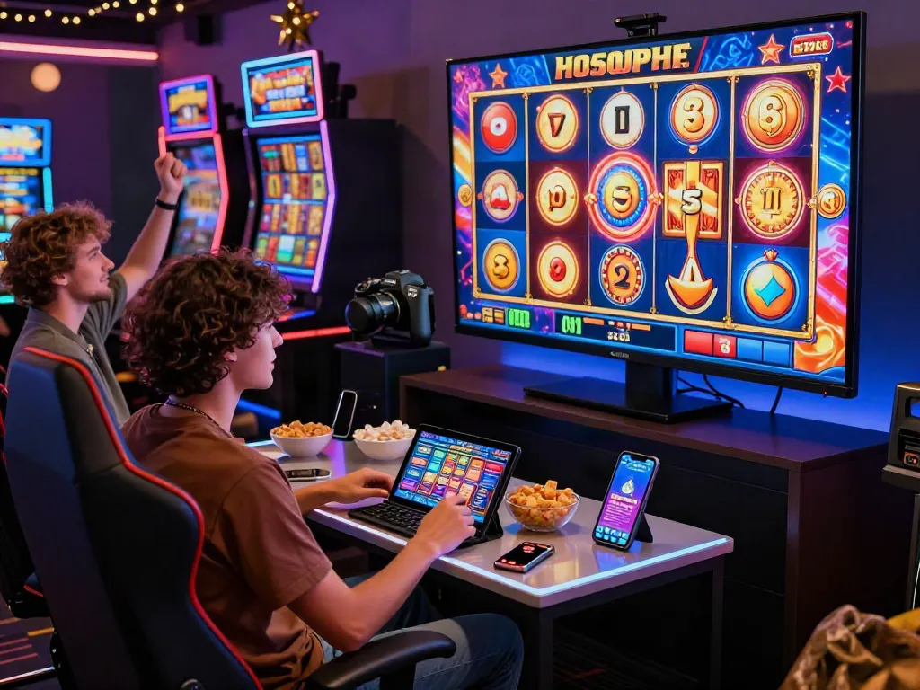 Friends excitedly playing a slot game on a big screen while enjoying snacks in a lively home gaming atmosphere.