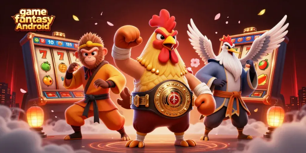 Kemenangan besar dengan game fantasy Android dan simbol slot di latar belakang yang kaya dan berwarna.