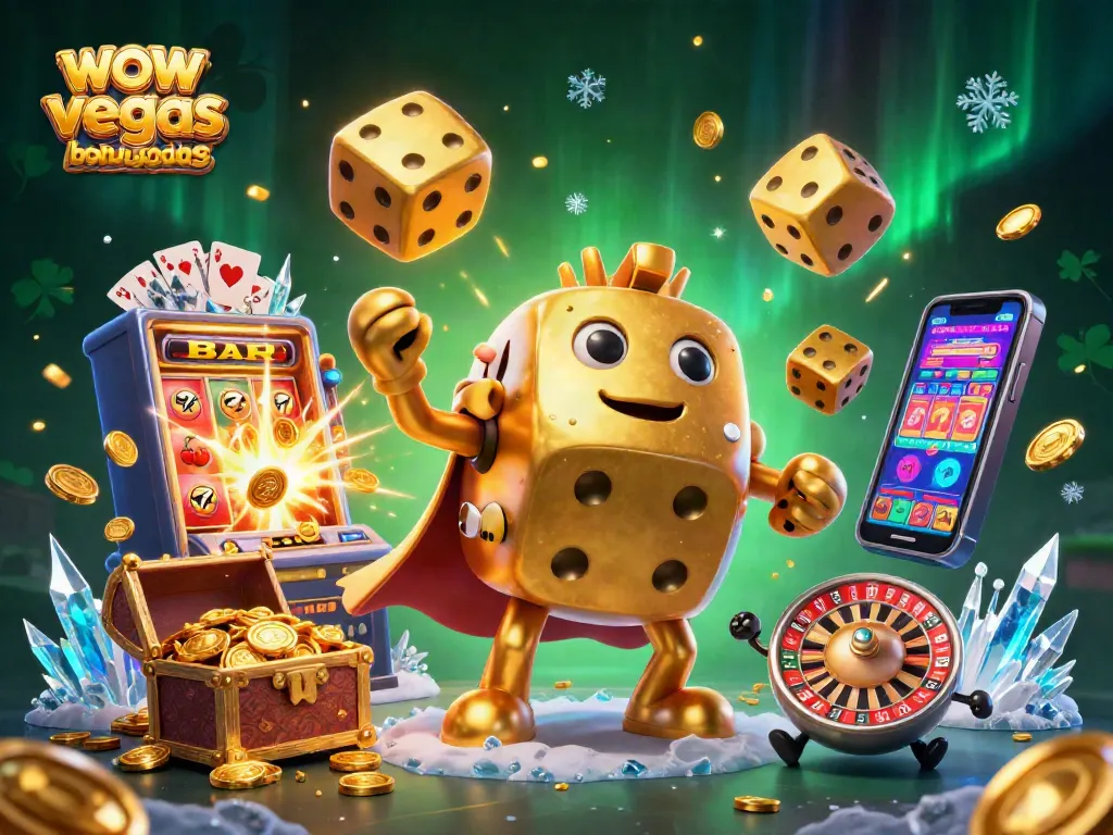 Spin to win with wow vegas bonus codes as golden dice and slot machines light up the casino.